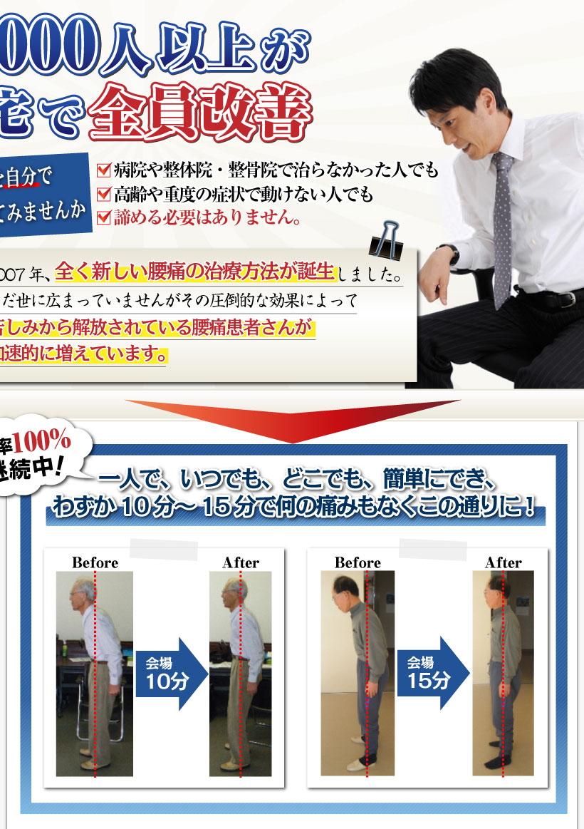 腰痛は腰痛アカデミーで、7,000人以上が自宅でヘルニア、狭窄症、の痛み治し,坐骨神経痛の痛みも治す名医坂戸孝志。
どんな腰痛でも自宅で治すことは可能です。病院や整体院・整骨院で治らなかった人でも
高齢や重度の症状で動けない人でも諦める必要はありません。腰痛は自分で治せることが可能です。
坂戸孝志によって2007年、全く新しい腰痛の治療方法が誕生しました。まだ世に広まっていませんが
その圧倒的な効果によって苦しみから解放されている腰痛患者さんが加速的に増えています。
改善率100％継続中！一人で、いつでも、どこでも、簡単にできわずか10分～15分で何の痛みもなくこの通りに！